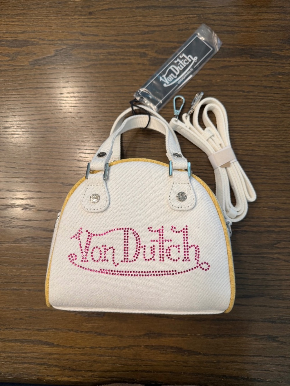 NWT - Von Dutch Cream White Canvas Rhinestone Mini Bowling Bag Crossbody